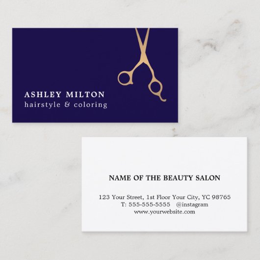 Elegant Dark Blue Faux Golden Scissors Hairstylist 名刺 (正面/裏面)