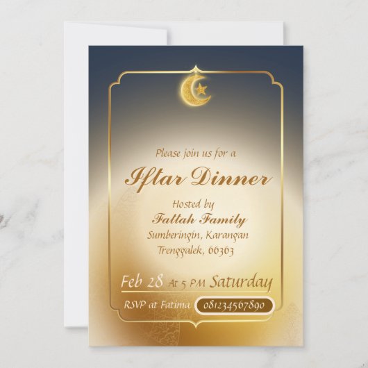 Elegant Dark Blue & Gold Iftar Party Invitation 招待状 (正面)