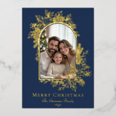 Elegant Dark Blue Merry Christmas Photo 箔シーズンカード (正面)