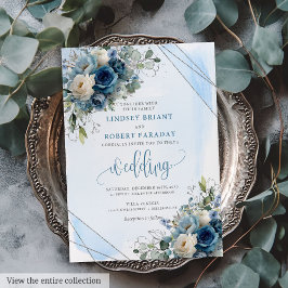 Elegant Dark Blue Roses Silver Frame Wedding  招待状