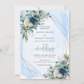 Elegant Dark Blue Silver Floral Wedding Invitation 招待状 (正面)
