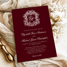 Elegant Dark Burgundy Monogram Crest Wedding 招待状