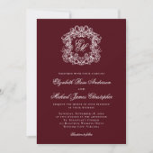 Elegant Dark Burgundy Monogram Crest Wedding 招待状 (正面)