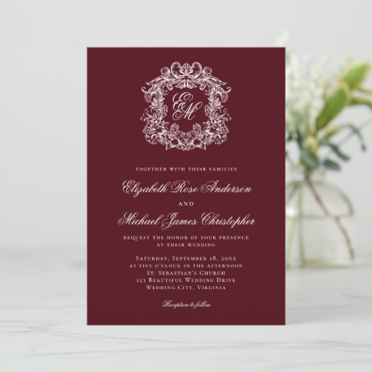 Elegant Dark Burgundy Monogram Crest Wedding 招待状 (スタンド正面)