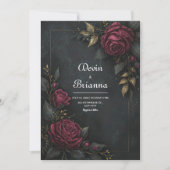 Elegant Dark Burgundy Rose Gilded Leaf Wedding 招待状 (正面)