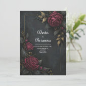 Elegant Dark Burgundy Rose Gilded Leaf Wedding 招待状 (スタンド正面)