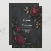 Elegant Dark Burgundy Rose Gilded Leaf Wedding 招待状 (正面/裏面)
