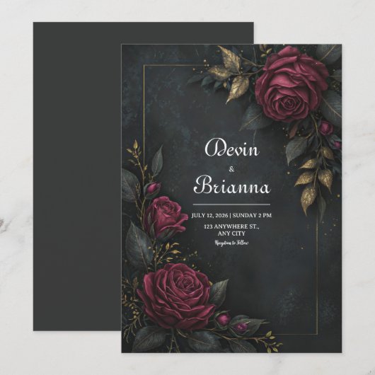 Elegant Dark Burgundy Rose Gilded Leaf Wedding 招待状 (正面/裏面)