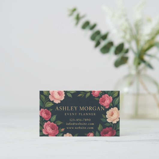 Elegant Dark Floral Business Card with Roses  名刺 (スタンド正面)