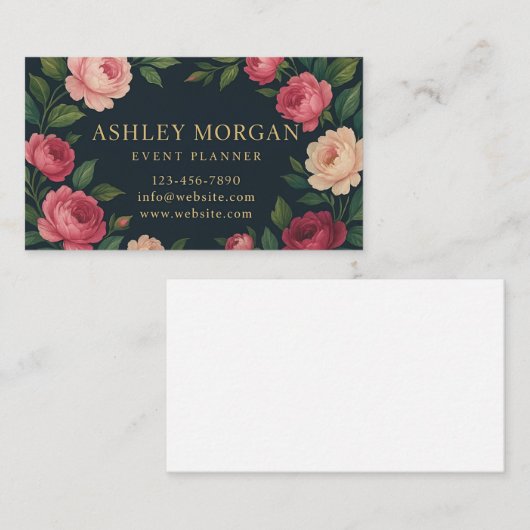 Elegant Dark Floral Business Card with Roses  名刺 (正面/裏面)