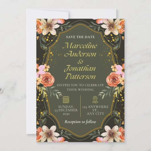 Elegant Dark Floral Wedding Invitation Card 招待状 (正面)