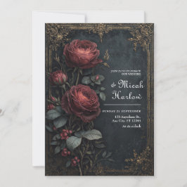 Elegant Dark Gothic Burgundy Rose Floral Wedding 招待状