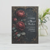 Elegant Dark Gothic Burgundy Rose Floral Wedding 招待状 (スタンド正面)