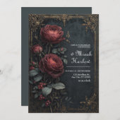 Elegant Dark Gothic Burgundy Rose Floral Wedding 招待状 (正面/裏面)