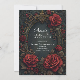 Elegant Dark Gothic Burgundy Rose Oval Wedding 招待状
