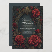 Elegant Dark Gothic Burgundy Rose Oval Wedding 招待状 (正面/裏面)