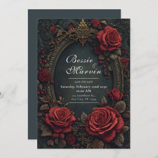 Elegant Dark Gothic Burgundy Rose Oval Wedding 招待状 (正面/裏面)