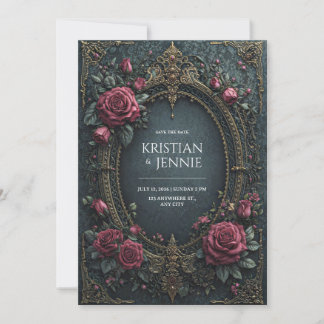 Elegant Dark Gothic Burgundy Rose Oval Wedding 招待状