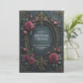 Elegant Dark Gothic Burgundy Rose Oval Wedding 招待状 (スタンド正面)
