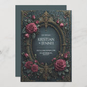 Elegant Dark Gothic Burgundy Rose Oval Wedding 招待状 (正面/裏面)