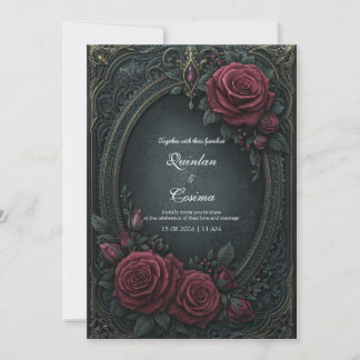 Elegant Dark Gothic Burgundy Rose Oval Wedding 招待状