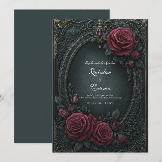 Elegant Dark Gothic Burgundy Rose Oval Wedding 招待状 (正面/裏面)