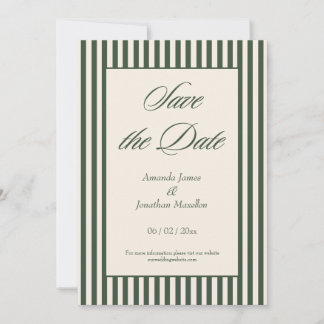 Elegant Dark Green and Cream Stripes Save the Date 招待状