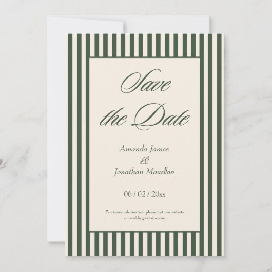 Elegant Dark Green and Cream Stripes Save the Date 招待状 (正面)