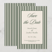 Elegant Dark Green and Cream Stripes Save the Date 招待状 (正面/裏面)