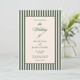 Elegant Dark Green Cream Vertical Stripes Wedding 招待状