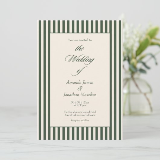 Elegant Dark Green Cream Vertical Stripes Wedding 招待状 (スタンド正面)