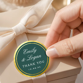 Elegant Dark Green Gold Border Wedding ラウンドシール