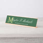 Elegant Dark Green Lime Monogram & Name デスクネームプレート (正面)