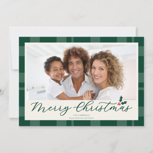 Elegant Dark Green Plaid Merry Christmas Photo シーズンカード (正面)