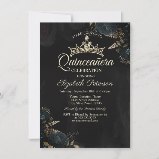 Elegant Dark Green Roses Gothic Quinceañera  招待状 (正面)