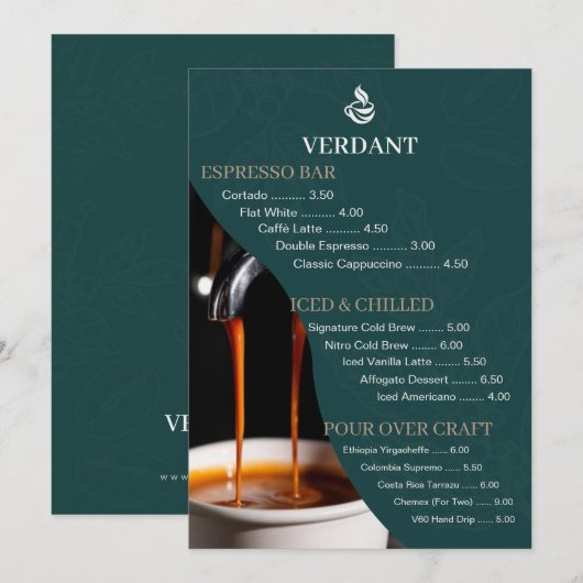 Elegant Dark Green Specialty Coffee Shop Menu Card 招待状 (正面/裏面)
