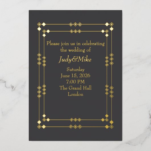 Elegant Dark Grey& Gold Art Deco Foil Invitation 箔招待状 (正面)