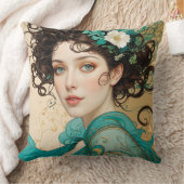 Elegant Dark Haired Art Nouveau Woman クッション (ブランケット)