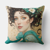 Elegant Dark Haired Art Nouveau Woman クッション (正面)