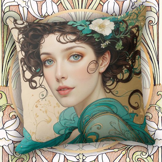 Elegant Dark Haired Art Nouveau Woman クッション