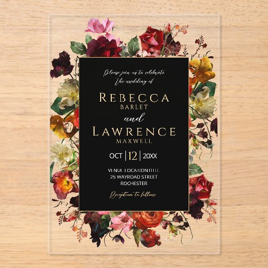 Elegant dark moody flowers black wedding アクリル招待状 (正面)