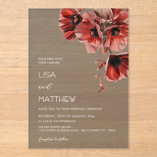 Elegant Dark Moody Red Flowers  アクリル招待状 (正面)