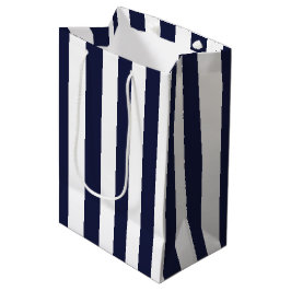 Elegant Dark Navy Blue and White Striped Pattern ミディアムペーパーバッグ