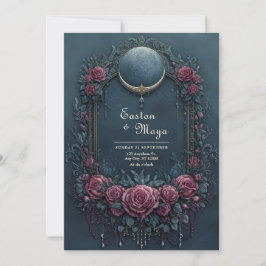 Elegant Dark Navy Burgundy Floral Evening Wedding 招待状