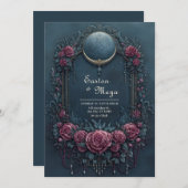 Elegant Dark Navy Burgundy Floral Evening Wedding 招待状 (正面/裏面)