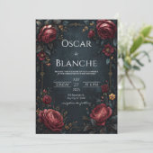 Elegant Dark Navy Burgundy Floral Golden Wedding 招待状 (スタンド正面)