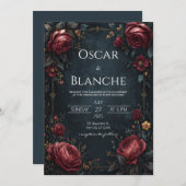 Elegant Dark Navy Burgundy Floral Golden Wedding 招待状 (正面/裏面)