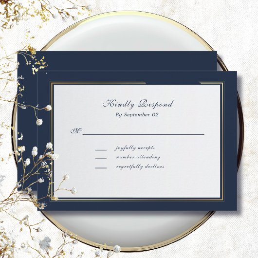 Elegant Dark Navy Gold Frame Traditional  RSVP