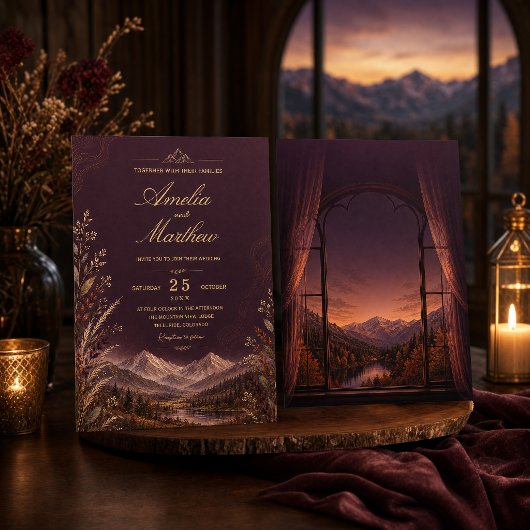 Elegant Dark Plum Mountain Wedding| Gold Botanical 招待状