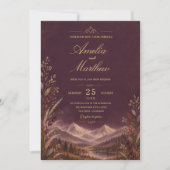 Elegant Dark Plum Mountain Wedding| Gold Botanical 招待状 (正面)